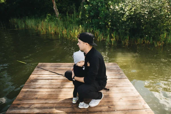 Father Cute One Year Old Son Fishing Fishing Rod Nature — Stock Photo, Image