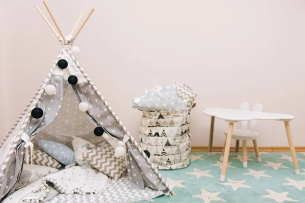 Gemütliches Kinderzimmer Weiß Grau Und Blau Farben Vivam Für Schlafsack — Stockfoto