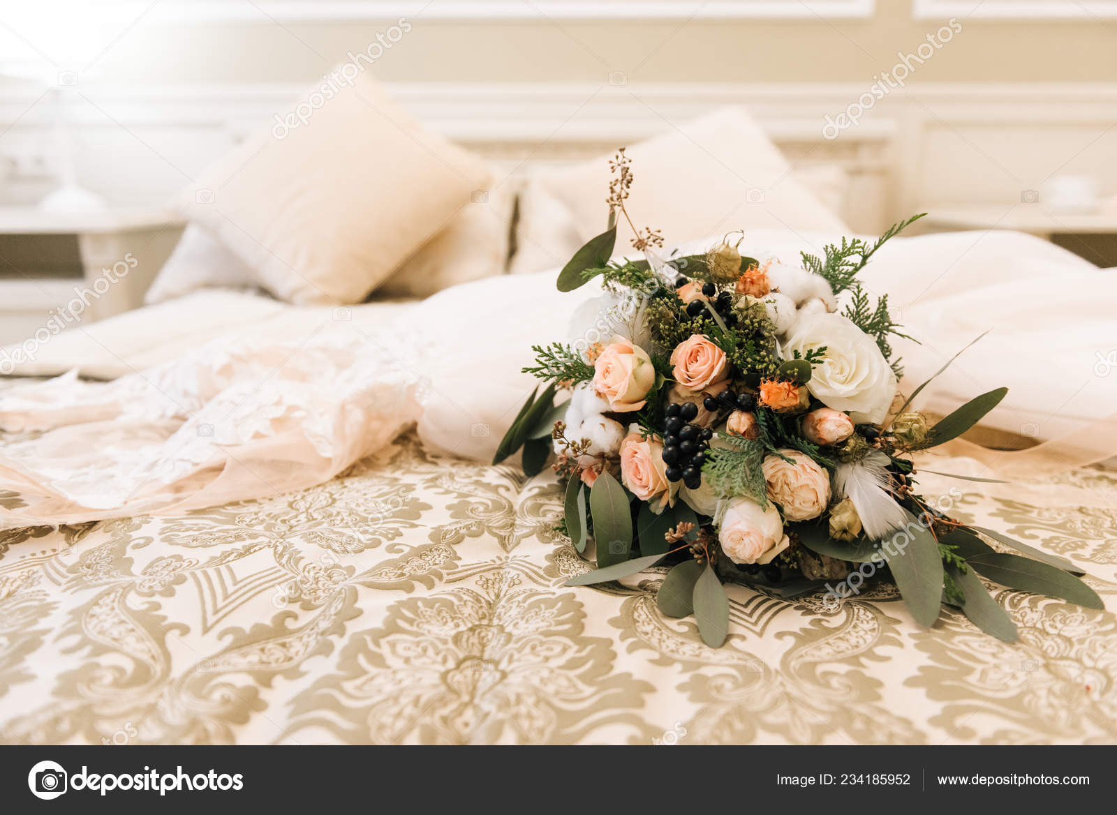 Winter Bride Bouquet Roses Cotton Spruce Lies Next Wedding
