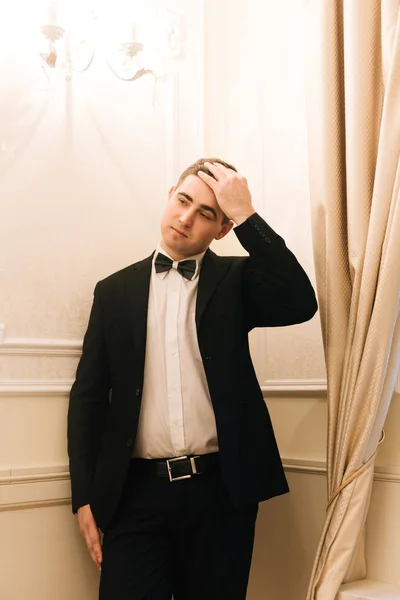 Stylish Groom Putting Suit Bow Tie Confident Happy Portrait Man — Stock Photo, Image