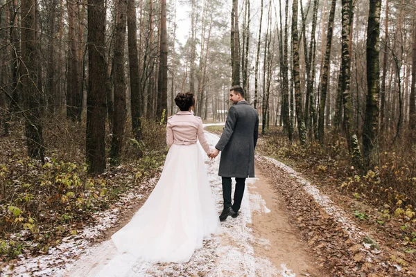快乐的年轻有爱心的新婚夫妇的肖像 新郎新娘带着第一场雪去森林小巷 婚礼当天 — 图库照片