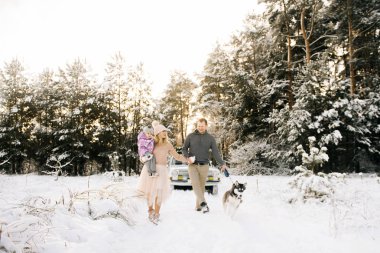 Küçük bir çocukla mutlu bir genç aile Noel için bir Noel ağacı ve hediyeler karlı kış ormandaki çatısında bir retro araba arka plan üzerinde bir husky köpek yürüyüş hazırlanıyor.