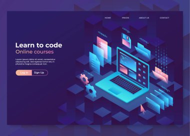 Açılış sayfası kavramı, Web sitesi için başlığı. Online eğitim illüstrasyon, programlama ve kodlama işlemi. İzometrik laptop grafik öğeleri ile. Eps10 vektör