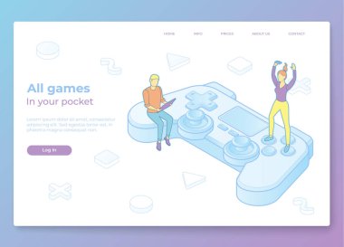 Online oyun açılış sayfası kavramı. İnsanlar üzerinde oynama ile izometrik gamepad. Cybersport ya da online oyun geçmişi. Eps10 vektör