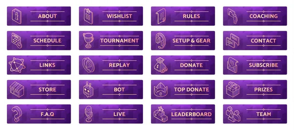 Online gaming panels for cybersport streamers. Live stream banners design. Set of game icons and buttons: wish list, training, web links, donations, chat programs. Eps10 vector