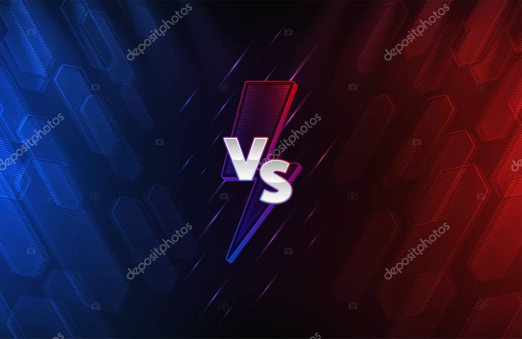 Blue and red abstract background with versus monogram. Lightning bolt and chrome letters. Team competition. Eps10 vector