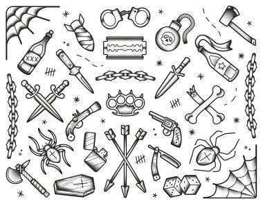 Eski okul seti dövmeler. Siyah simgeler: bıçaklar, bones, bomba, tabanca. Elle çizilmiş dotwork illüstrasyon izole. Eps10 vektör
