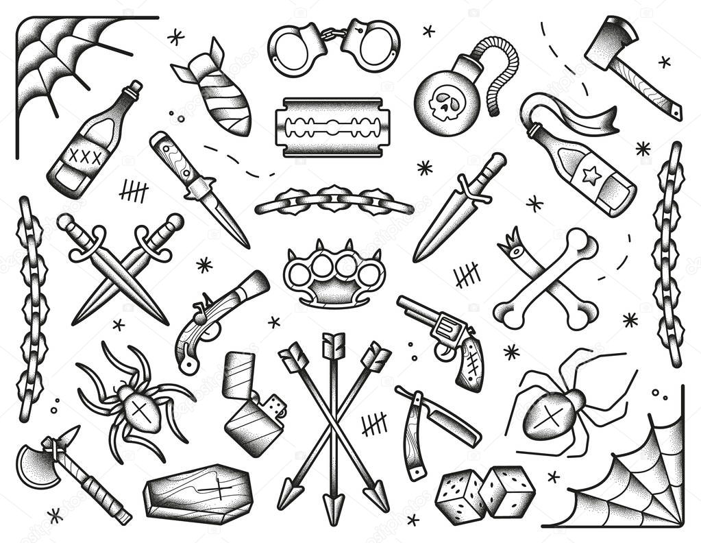 Old school tattoos set. Black icons: knifes, bones, bombs, pistols. Hand drawn dotwork isolated illustration. Eps10 vector