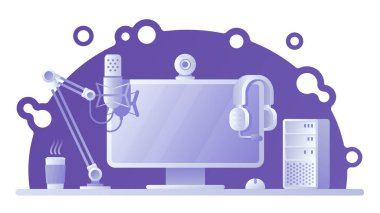 Oyun çalışma alanı illlustration. Canlı streaming, klavye uzak seğirme. ESports afk veya çevrimdışı ekran. Eps10 vektör
