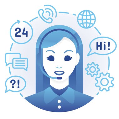 Kulaklık ile gülümseyen kadın. Çağrı merkezi illüstrasyon kavramı. Çizgi simgeleri ile beyaz arka planda izole vektör düz karikatür karakter Avatar. Müşteri Destek uygulaması, çevrimiçi yardım. Eps10 vektör.