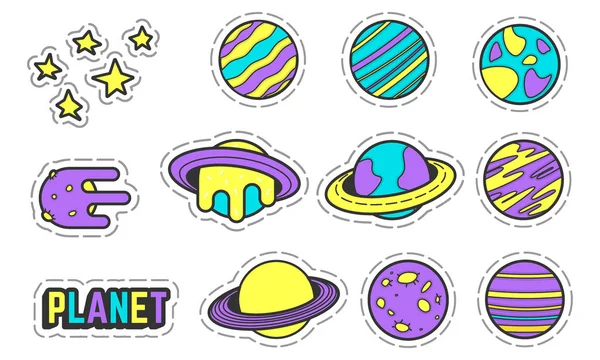 Collectie van kosmische patches met planeten, meteoriet, satelliet — Stockvector