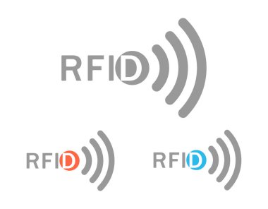 Dalgalar iletişim ve iletişim mavi ve turuncu renklerde nesne görüntüsü gri RFID logolu atandı.