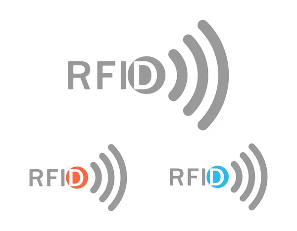 Set desde el logo gris rfid con la imagen de las ondas de comunicación y el objeto de comunicación en colores azul y naranja . — Vector de stock