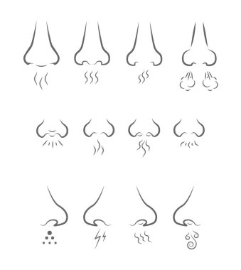 set of icons with different silhouettes of the nose that inhales the various smells that are depicted in the form of waves and balls clipart