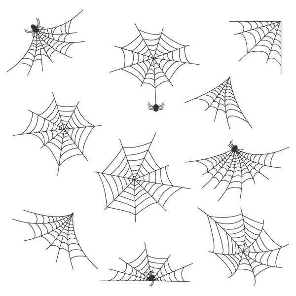 Set of different kinds of web with spiders on a white background — Stock Vector