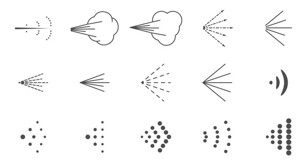 Set pictogrammen met varianten van het beeld van een vloeistof spray, spuitbus op verschillende manieren — Stockvector