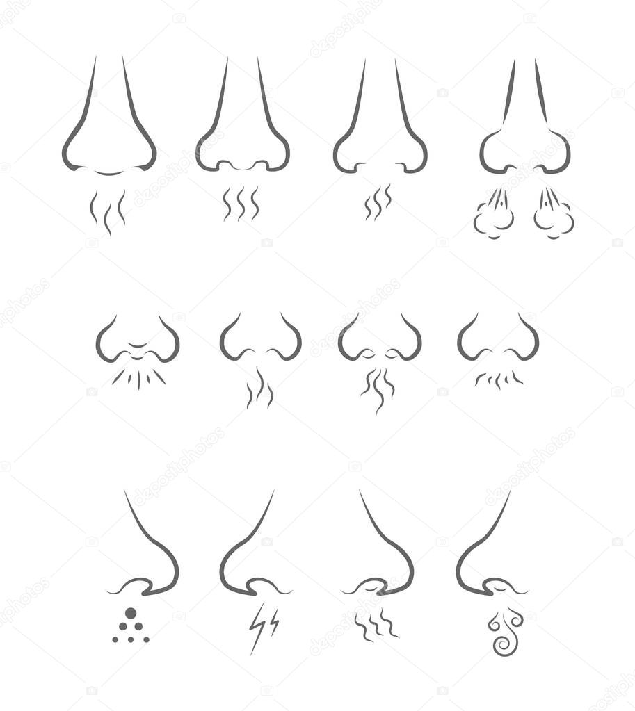 set of icons with different silhouettes of the nose that inhales the various smells that are depicted in the form of waves and balls