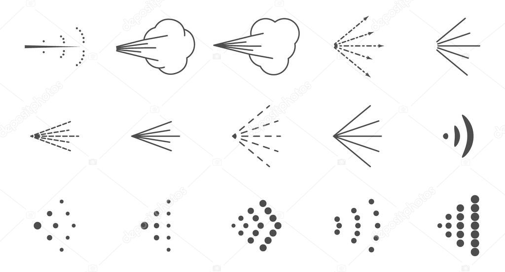 set of icons with variants of the image of a fluid spray, aerosol spray in various ways