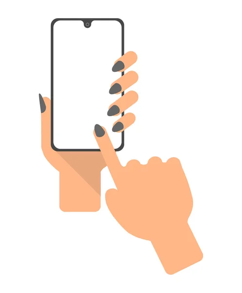 Mano sostiene el teléfono inteligente, los dedos tocan la pantalla. La persona usa el teléfono. Concepto de diseño plano . — Vector de stock