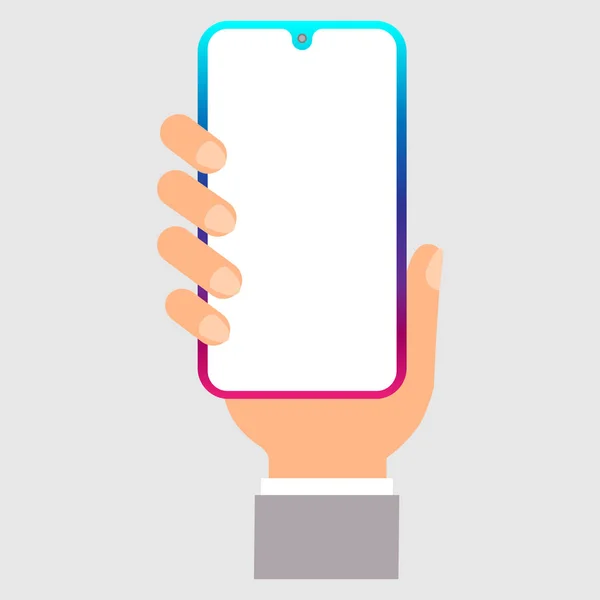 La mano derecha sostiene el teléfono inteligente en colores degradados. El hombre usa un teléfono moderno. Concepto de diseño plano . — Vector de stock