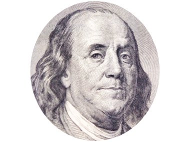 Benjamin Franklin 100 dolar banknot o beyaz arka plan üzerinde elips yüz.