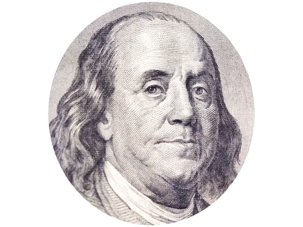 stock image Benjamin Franklin face in ellipse on 100 dollar bill o white background.