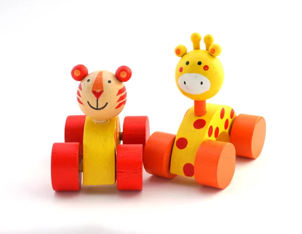 Brinquedos Para Crianças Figuras Animais Madeira Sobre Rodas Tigre Girafa — Fotografia de Stock