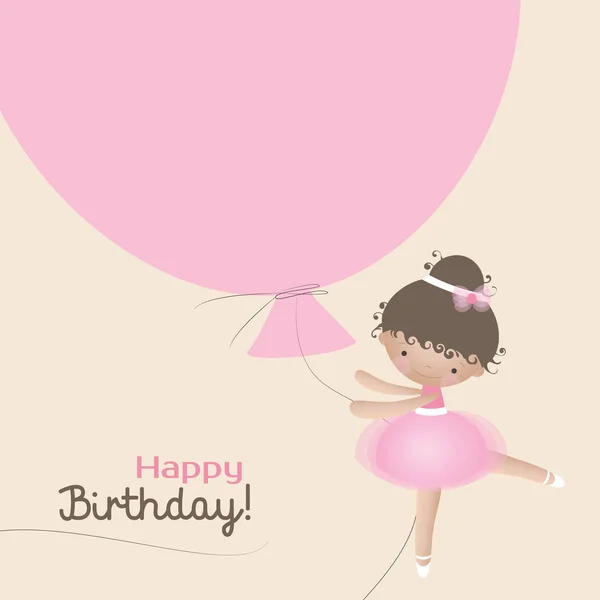 Cartão de aniversário feliz com bailarina pequena bonito e balão rosa. Ilustração vetorial . —  Vetores de Stock