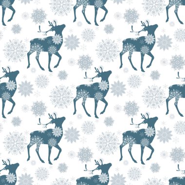 kış mavi Ren geyiği ve beyaz arka plan üzerinde kar taneleri ile seamless modeli