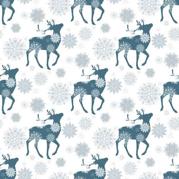 Padrão sem costura inverno com renas azuis e flocos de neve no fundo branco — Fotografia de Stock
