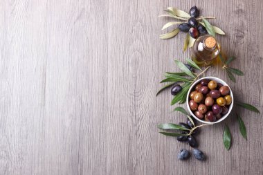 Yeşil ve siyah zeytin ve gri arka plan kopya alanı üzerine Marine