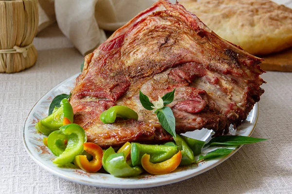 Baked Lamb Ribs Fresh Vegetable Garnish Dining Table — Stock Photo, Image