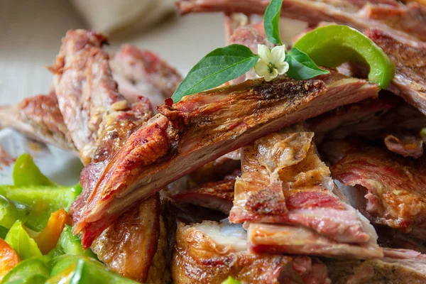 Baked Lamb Ribs Fresh Vegetable Side Dish Close — Stock Photo, Image