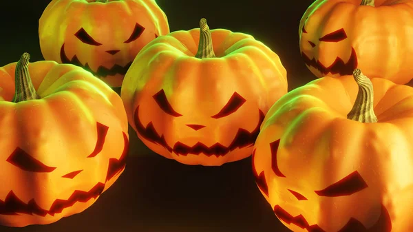 Grupo Abóboras Halloween Fundo Preto Com Iluminação Sombria — Fotografia de Stock