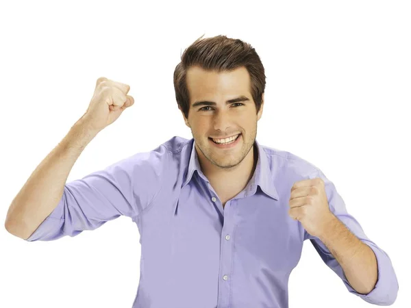 Щасливий Бізнесмен Стискає Кулаки Дивиться Камеру — стокове фото