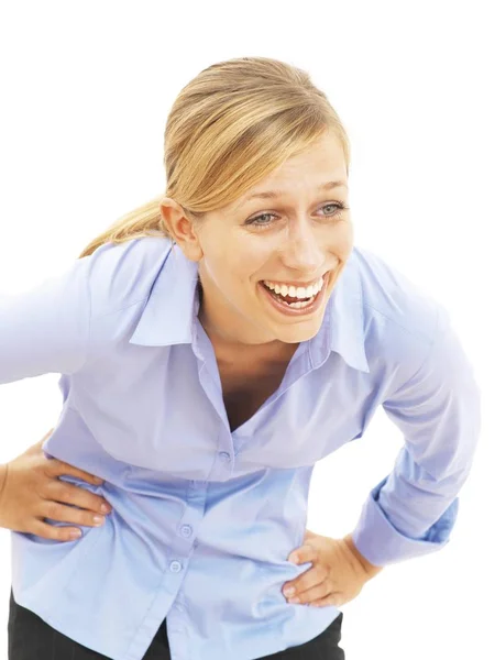 Mujer Joven Riendo Tomándose Las Manos Las Caderas — Foto de Stock