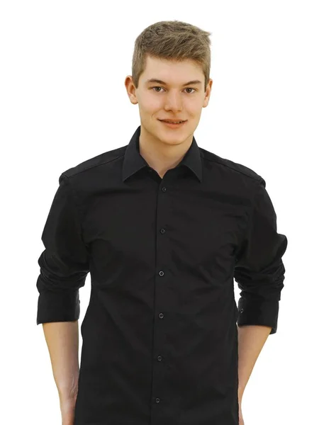 Teenager Boy Wearing Black Shirt Posing White Studio — Stock Photo, Image