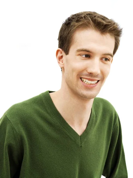 Sorrindo Jovem Retrato Rosto Vestindo Camisola Verde Olhando Para Longe — Fotografia de Stock