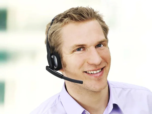 Businessman Wearing Headset Microphone Looking Camera Smile — Stock Photo, Image