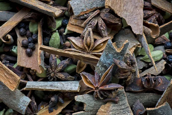 Varie Spezie Chiodi Garofano Cannella Cardamomo Pepe Anice Stellato Kerala — Foto Stock