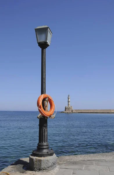 Lifesaver Street Lamp Sea Chania Crete Greece Europe — Stock Photo, Image
