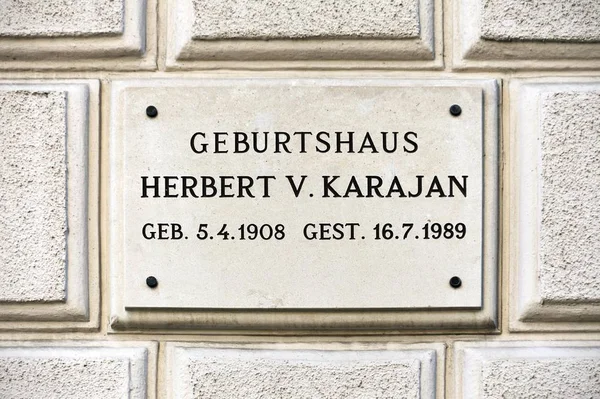 Plaque Birthplace Conductor Herbert Von Karajan Salzburg Salzburg State Austria — Stock Photo, Image