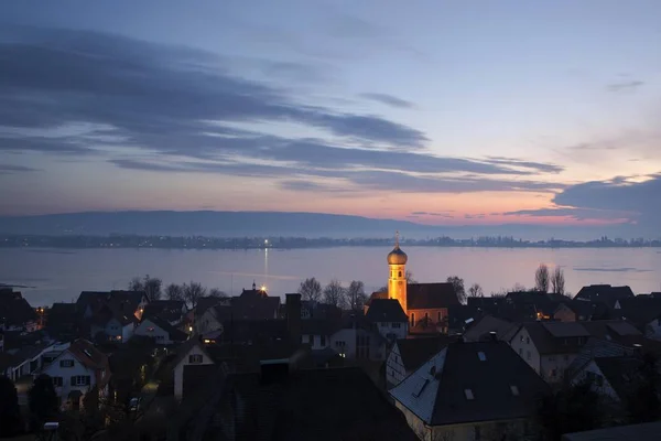 Vista Sobre Allenbach Ilha Reichenau Noite Congelado Lago Constança Baden — Fotografia de Stock