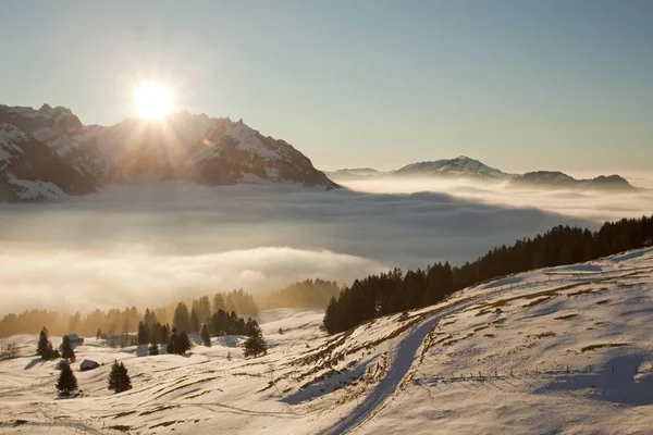 Scenic View Alpstein Massif Mountains Pasture Snow Alpstein Range Swiss — Stock Photo, Image