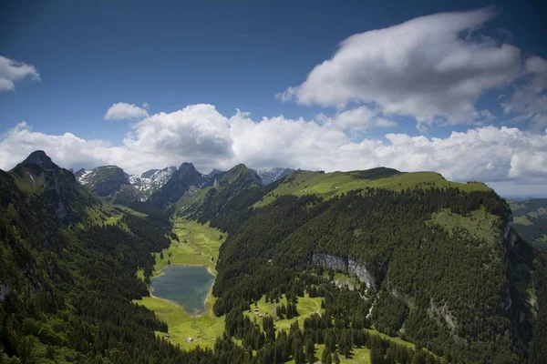 Atmosfera Serale Nelle Montagne Alpsteingebirge Vista Dal Saentis Con Altmann — Foto Stock