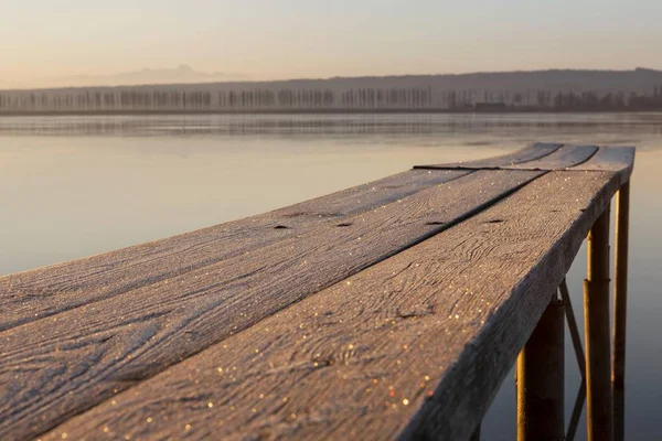 Hegne バーデン ヴュルテンベルク州 ドイツ ヨーロッパ周辺ボーデン湖の朝の光 夜明けの樹氷と桟橋 — ストック写真