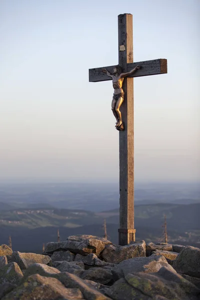 summit cross, evening mood on the summit of Mt Lusen, Bavarian Forest, Bavaria, Germany, Europe