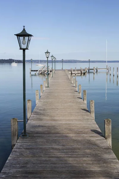 Vista Panorâmica Molhe Madeira Lago Starnberg Seeshaupt Baviera Alemanha Europa — Fotografia de Stock