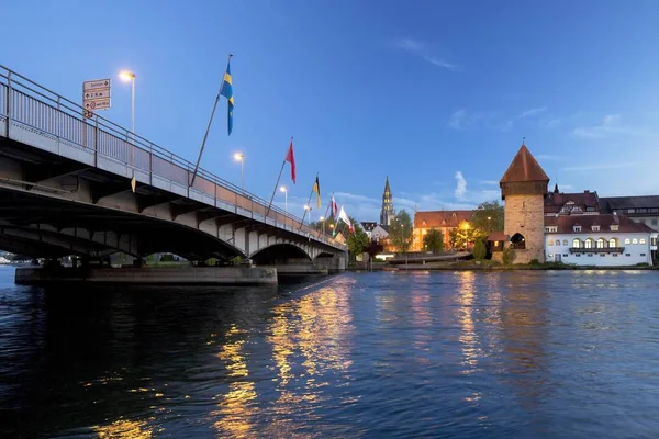 Evening mood at the old bridge over the Rhine with Konstanz Minster or Konstanz Cathedral at back, Lake Constance, Konstanz, Baden-Wuerttemberg, Germany, Europe