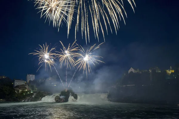 Fireworks Rhine Falls Swiss National Day Celebrations Schaffhausen Canton Schaffhausen — Stock Photo, Image